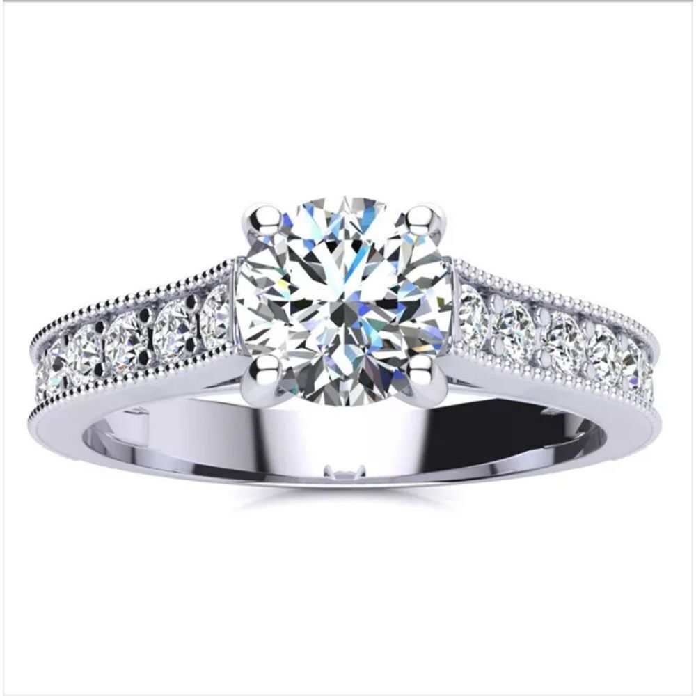 1 1/2 Carat Natural Round Diamond Ring  In 14K & Wedding Band